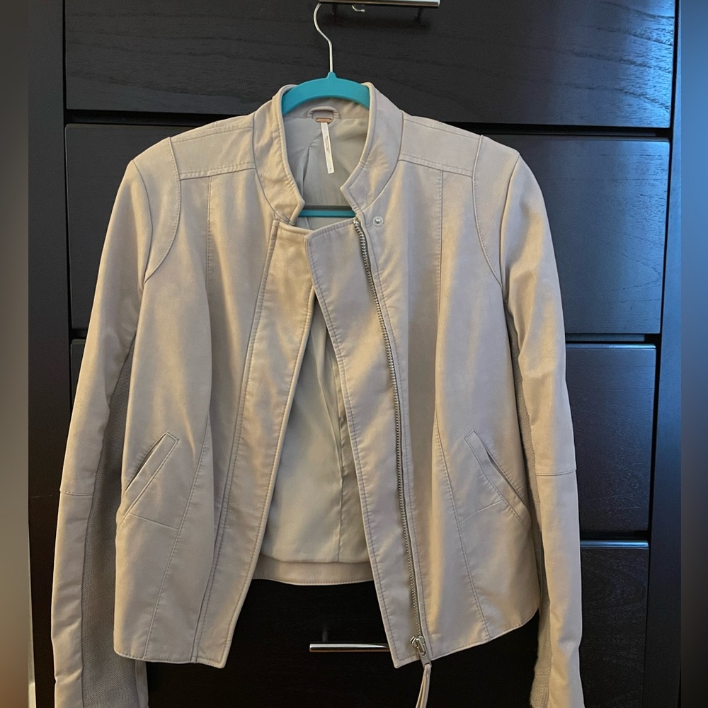 Free People leather motorcycle jacket — pale pink